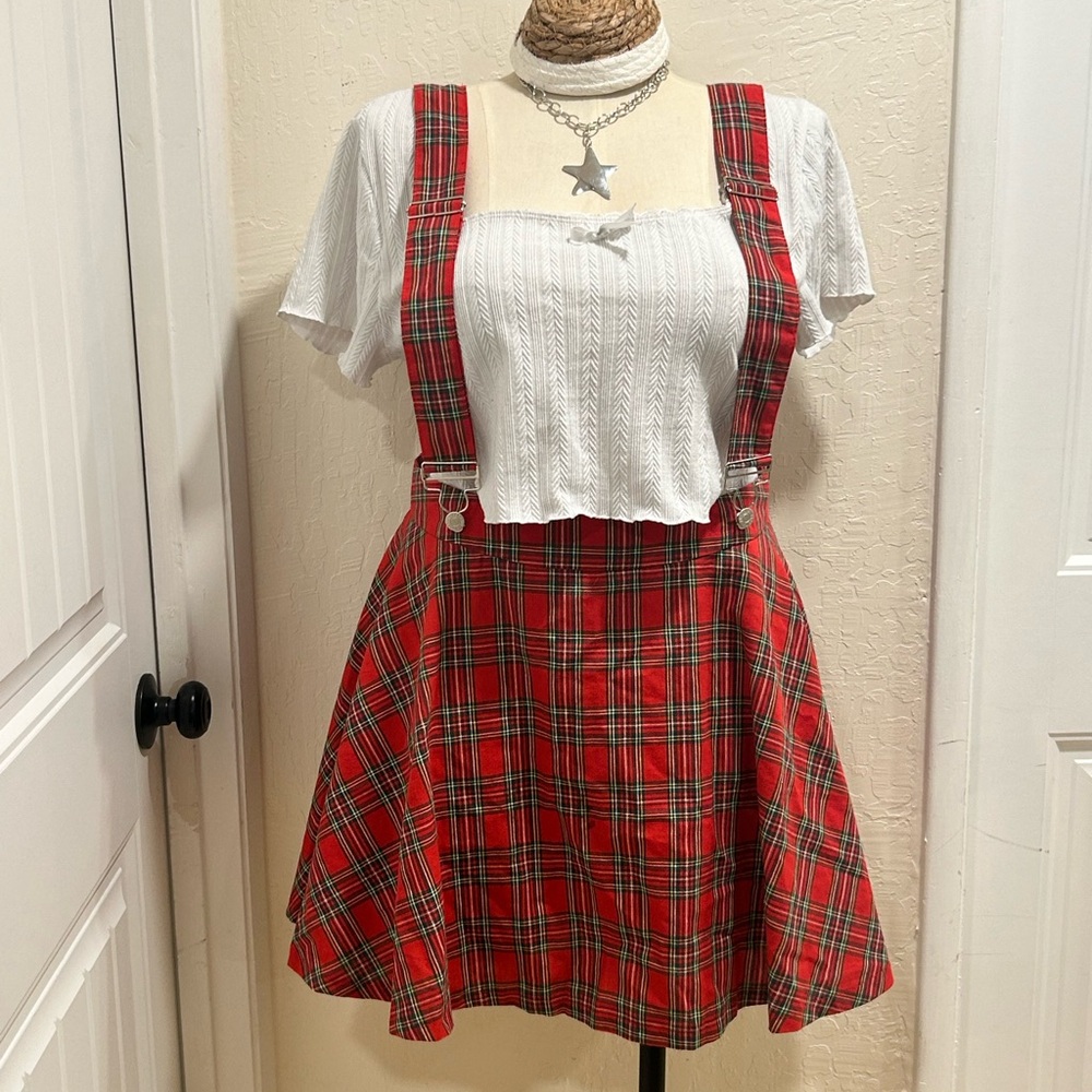 Red Plaid Suspender Skirt Dress with Adjustable Straps